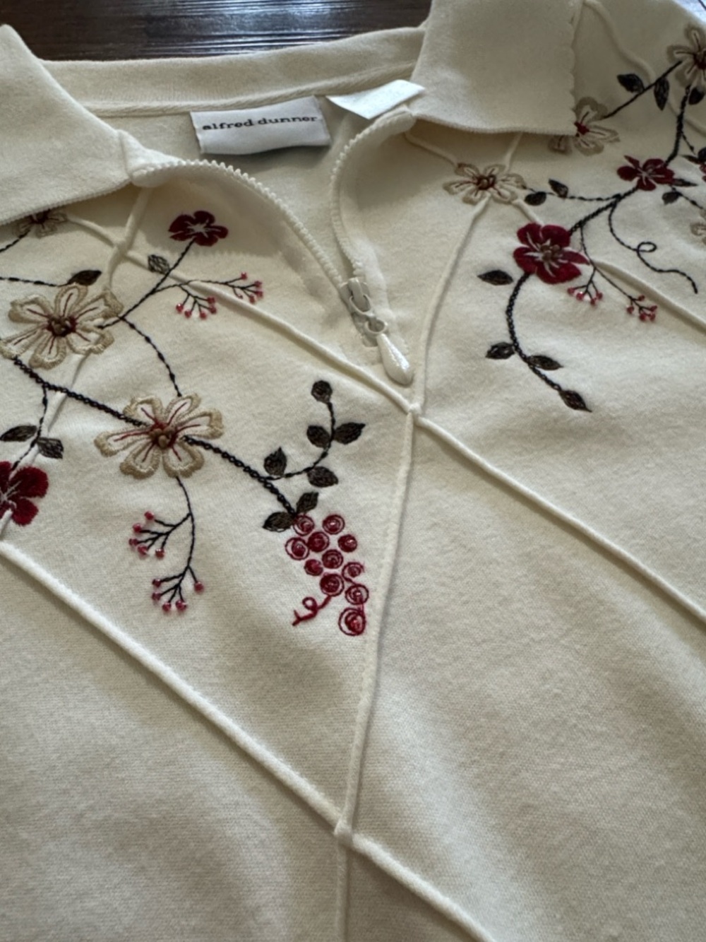 Alfred Dunner Ivory Short-Sleeve Knit Top with Floral Embroidery - Picture 5 of 7